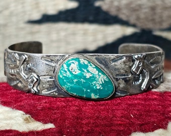 Harvey Era Cerillos Turquoise Horses Silver Vintage Cuff Old Pawn Fits 6 3/4" wrist.