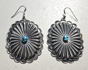 Concho Silver Turquoise Vintage Native  Earrings JE 44