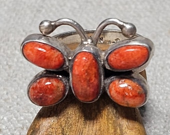 Fun Butterfly Ring with Spiny Oyster Stones Sterling size 8