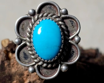 Scallop Framed  Blue Turquoise Silver Vintage Native  Ring Sterling Silver Size 7 Old Pawn