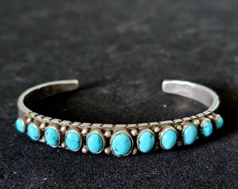 1920s Hand Forged Ingot Silver and Turquoise Native Cuff Bracelet Coin Silver. 6 1/2" wrist. JB 218