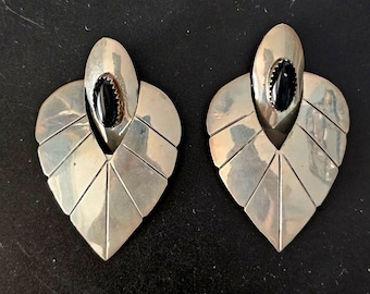 Sterling '70s Onyx Teardrop Vintage Silver Earrings . # JE 608
