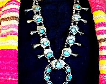 Old Blue Turquoise Squash Blossom Necklace: Old Pawn Sterling Silver  JN 819