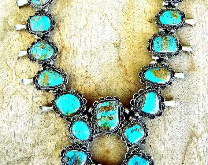 Featured listing image: Fabulous Big Blue Tuquoise Squash Blossom Necklace  24"  JN 461