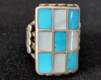 Vintage Zuni Inlay Turquoise MOP Sterling Silver Size 9 JR 234