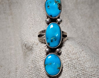 Dramatic Blue Turquoise Statement Ring 3 Large Stones Old Pawn Size 11. JR 812