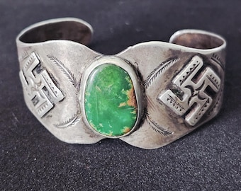 1920s Cerillos Ingot Silver Whirling Logs Native Cuff Bracelet Coin Silver. 7" wrist. JB 102