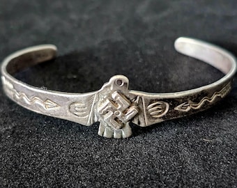 1930s Small Whirling Log Thunderbird Silver Native Cuff Bracelet Old Pawn. 6" wrist. JB 201