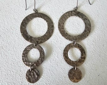 Hammered Silver Circles Vintage Dangle Earrings Sterling 3 1/2" JE 581
