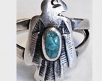 Thunderbird Shape Vintage Ring Blue Turquoise Sterling Old Pawn Size 5 1/2 JR 349