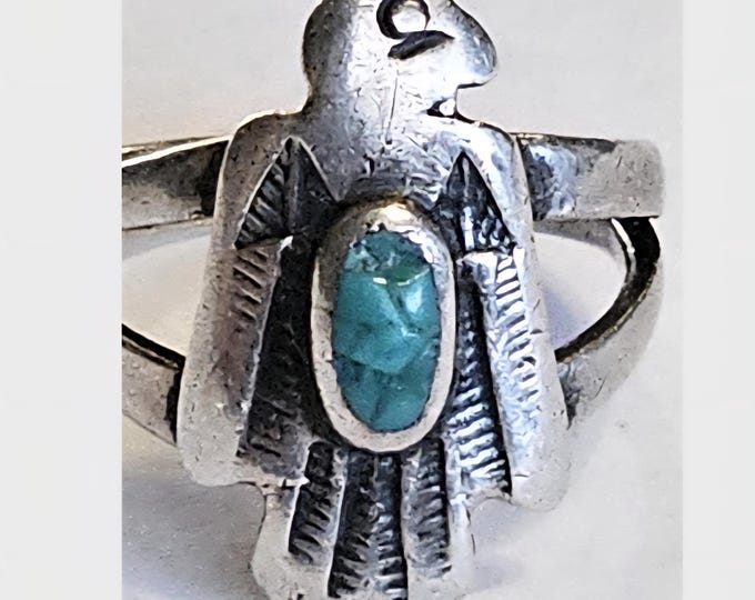 Featured listing image: Thunderbird Shape Vintage Ring Blue Turquoise Sterling Old Pawn Size 5 1/2 JR 349