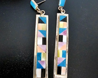 Zuni Multi Color Inlay Native Earrings Old Pawn 2 3/4"  JE 611