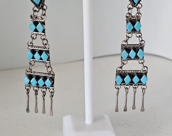 Diamond Shaped Blue Turquoise Zuni Raincloud Earrings Old Pawn 3"  JE 447