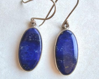 Lapis Cabochons 2" Silver Vintage Earrings JE 602