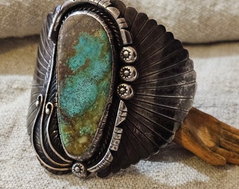 Best Ever Turquoise Stone on this Larger Vintage Native American Made Statement Cuff Old Pawn 7 3/4" wrist.