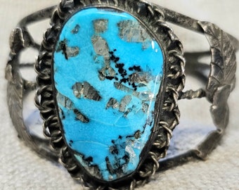 Big Piece of Morenci Turquoise on this Beautiful Vintage Native Bracelet Old Pawn