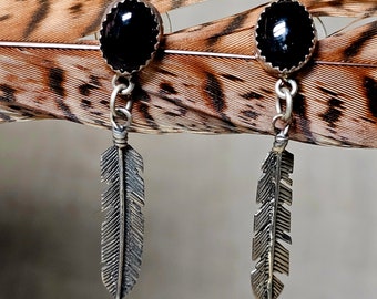 Onyx Feather Vintage Dangle Earrings Sterling Old Pawn