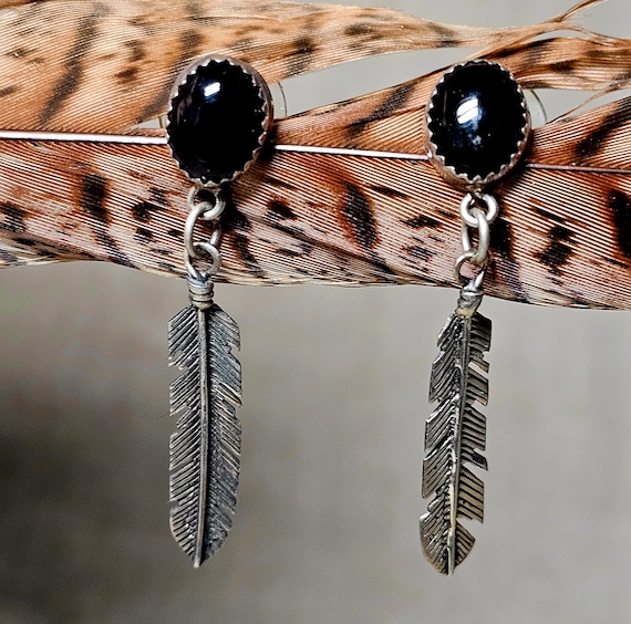 Onyx Feather Vintage Dangle Earrings Sterling Old… - image 1
