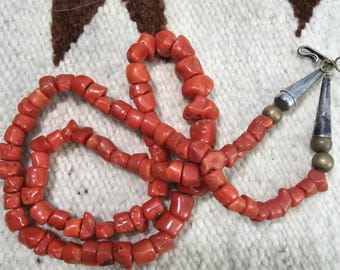 C1940s Vintage Pueblo Coral Heishi Necklace 24" Old Pawn Sterling.  JN 858