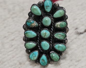 1930s Zuni Pettipoint Green Turquoise Silver Ring Vintage Sterling Old Pawn Size 9 JR 844