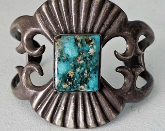 Stunning Cast Silver Blue Turquoise Old Pawn Cuff Bracelet Native American fits a 6 3/4" wrist. JB 70