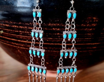Rare 4" Long Vintage Zuni Raincloud Earrings Ladders Sterling Sleeping Beauty turquoise Sylvia Chee Old Pawn