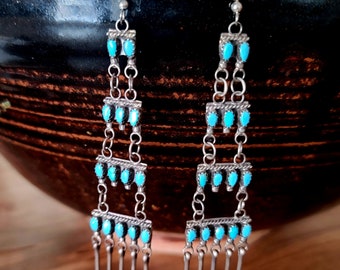 Rare 4" Long Vintage Zuni Raincloud Earrings Ladders Sterling Sleeping Beauty Turquoise Old Pawn