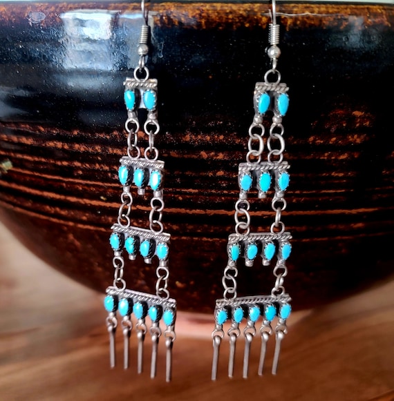Very Early Rare Vintage Native American Zuni Turquoise Sterling Silver Earrings Very Early Rare Vintage Native American Zuni Turquoise Sterling Silver Earrings