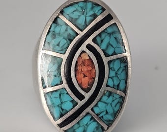 Colorful Zuni Inlay Cast Silver Ring Vintage Sterling Man Ring Size 10 Old Pawn JR 129