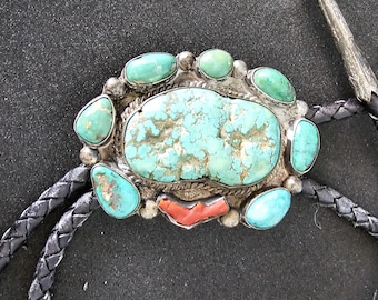 Great Old Turquoise & Coral Vintage Sterling Bolo  # JBO 161