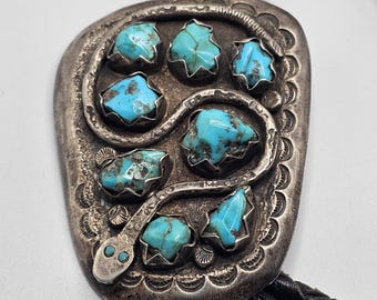 Snake Genuine Early Effie Bolo Blue Turquoise Vintage Native Sterling Old Pawn JBO 143