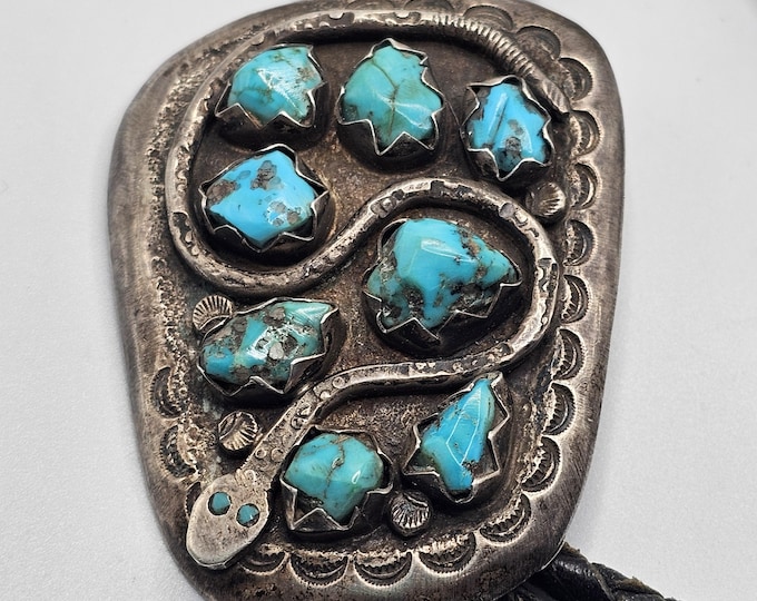 Featured listing image: Snake Genuine Early Effie Bolo Blue Turquoise Vintage Native Sterling Old Pawn JBO 143