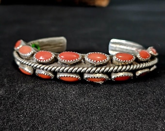 Signed Lister Coral Zuni Vintage Native Cuff Old Pawn. 6 1/2 " wrist JB 171