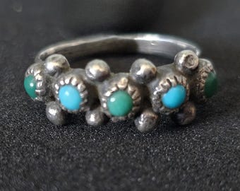 1940s Zuni Snakeye 5 Blue/Green Turquoise Silver Ring Vintage Sterling Old Pawn Size 6 JR 384