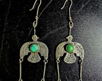 Rare Early Thunderbird Native Earrings Old Pawn 3"  JES