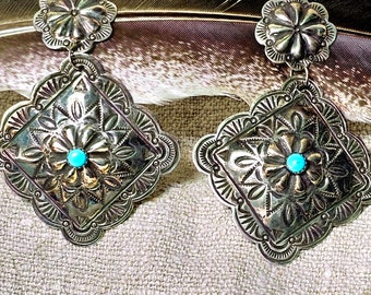 Dramatic Large Silver and Turquoise Concho Vintage Dangle Earrings Sterling Old Pawn Native Made