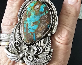 Ultra Large Statement Turquoise Silver Ring - Size 10 - Old Pawn JR 415