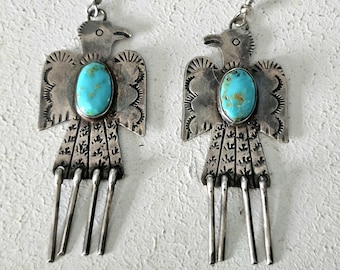 Thunderbird Turquoise Native Earrings Old Pawn 2 1/2"  JE  637