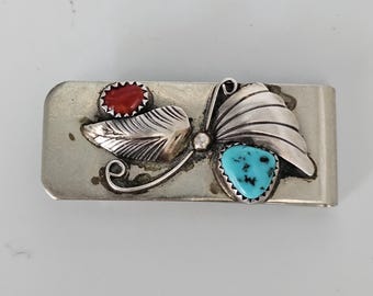 Money Clip Vintage Native Sterling Turquoise & Coral Old Pawn # JM 6