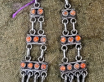 Long Vintage Coral Zuni Raincloud Earrings Old Pawn