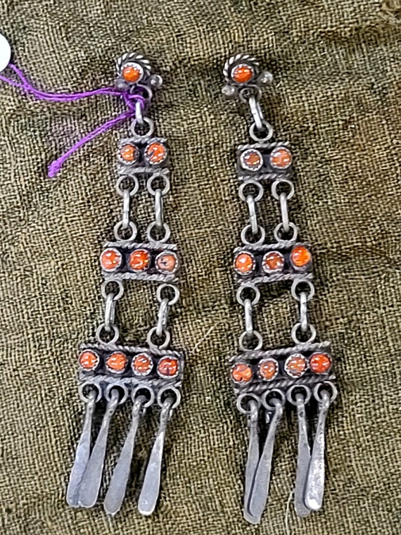 Long Vintage Coral Zuni Raincloud Earrings