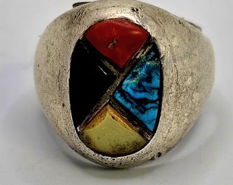 Zuni Inlay Multi Stone Cast Silver Ring Vintage Sterling Size 10 1/2 JR 50