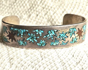 Hopi Turquoise Chip Inlay with Stars Vintage Cuff Old Pawn. 6 3/4" wrist JB 47
