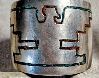 1930s Rare Harvey Era Thunderbird Sterling Zuni Inlay Wide Vintage Cuff  6 1/4" wrist  JB 283