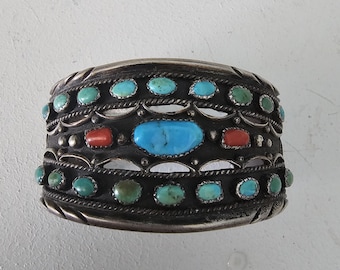 Larger Multicolor Turquoise & Coral Silver Vintage Cuff Sterling Old Pawn fits 7 1/2" wrist  JB 03