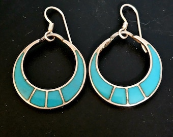 Blue Channel Set Turquoise 2" Silver Vintage Native Earrings JE 601