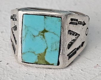 Classic Square Blue Turquoise Stone Vintage Ring Old Pawn Size 7 1/2 JR 262
