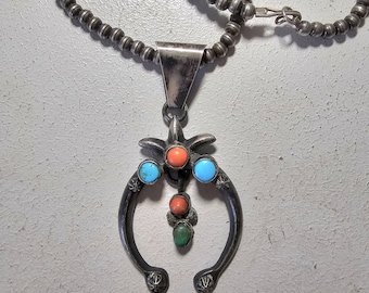 Naja Squash Blossom Turquoise & Coral Native Sterling Necklace  Old Pawn C1970s JN 803