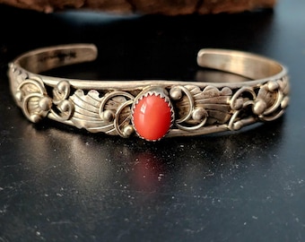 Silver Coral Vintage Cuff Bracelet Native American fits a 6 1/4" wrist. JB 211