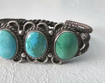 3 Blue Gem Turquoise Hand Twisted Wire Sterling Native Made Vintage Cuff JB 74 fits 7" wrist